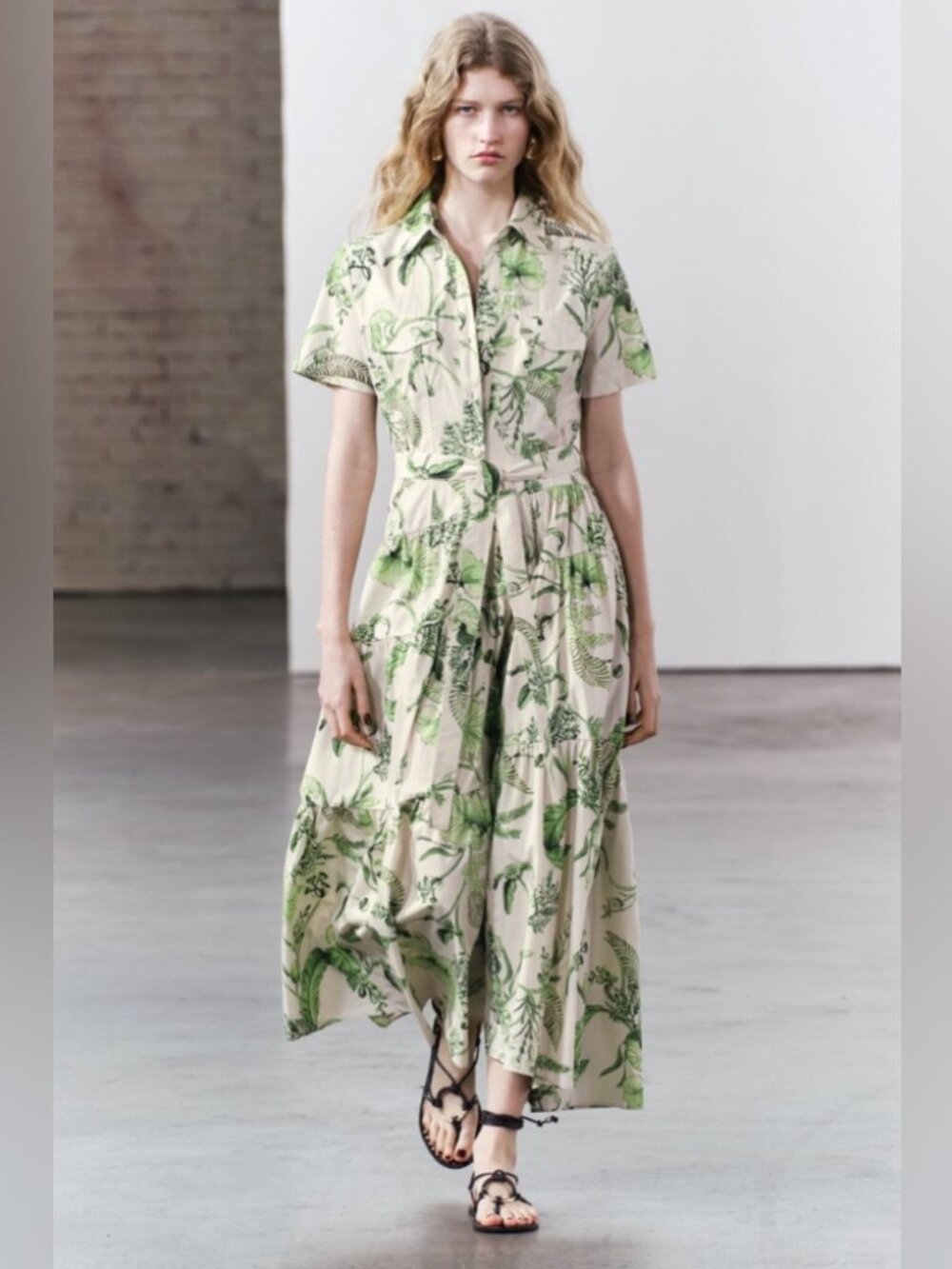 Zara Belted Printed Tiered Maxi Shirt Dress in Green Floral